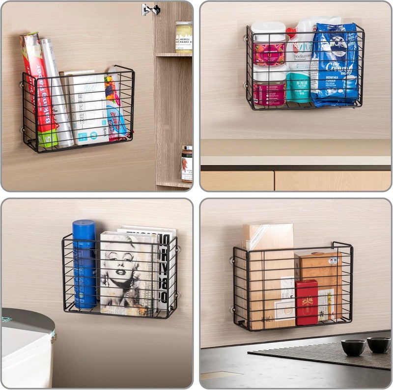 Lonian Wall Mounted Storage Basket, Black Metal Wire Kitchen Wrap Organizer Rack, Heavy Duty Hanging Basket for Cabinet Door, Pantry, Cutting Boards, Foil, and Cleaning Supplies - Image 2